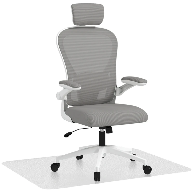 HOMCOM Conjunto de Cadeira de Escritório com Altura Ajustável Apoio de Cabeça e Suporte Lombar Ajustáveis Cinzento e 1 Tapete Protetor 90x120 cm Transparente