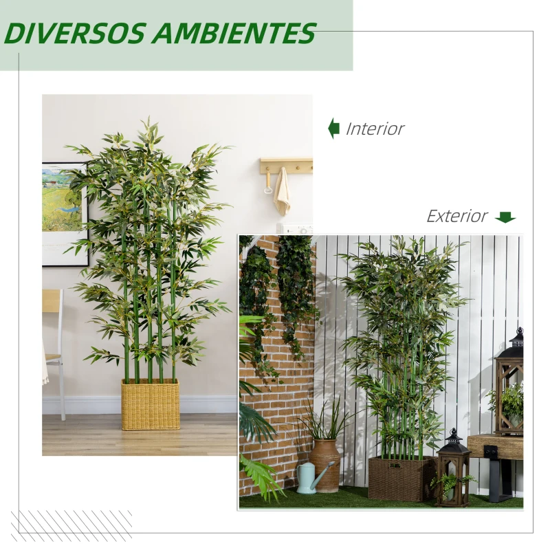 HOMCOM Conjunto de 2 Plantas Artificiais em Vaso de Madeira de Pinho 180cm Bambus Artificiais com 1640 Folhas Realistas 35x10x180 cm Verde