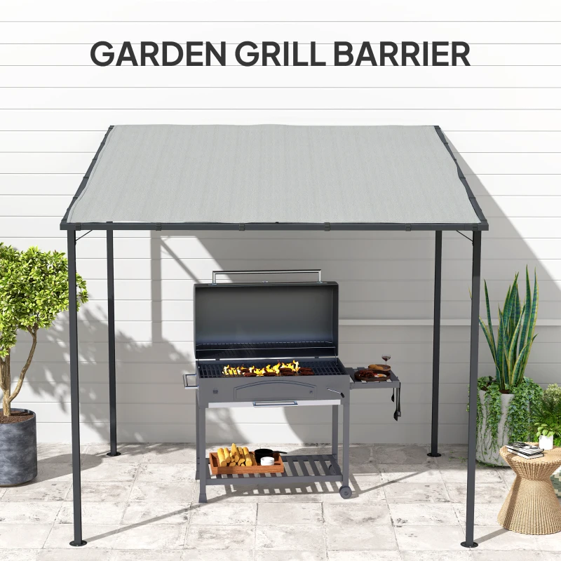 Outsunny 2.4 x 2.4 m Wall Mounted Pergola Gazebo with PA Coating Fabric, Metal Frame, UPF30+, Lean to Garden Gazebo, Light Grey