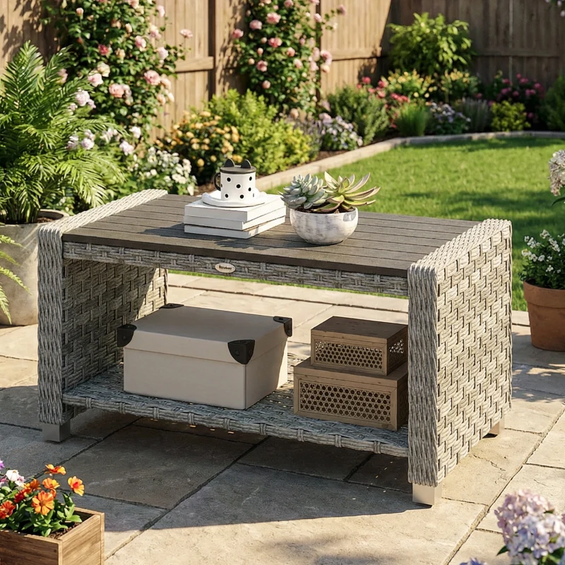 Outsunny Outdoor Coffee Table with Storage Shelf, PE Rattan Side Table with Slatted Top and Foot Pads, Grey