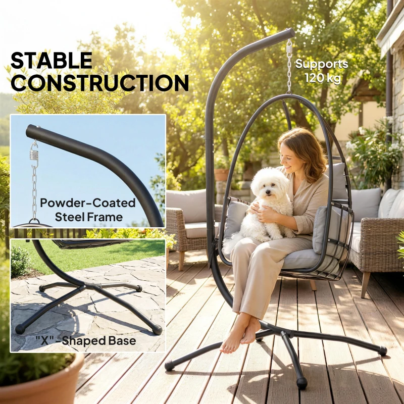 Outsunny Hanging Egg Chair, Indoor Outdoor Swinging Hammock Chair with Stand, Foldable Basket, Side Pocket, Dark Grey