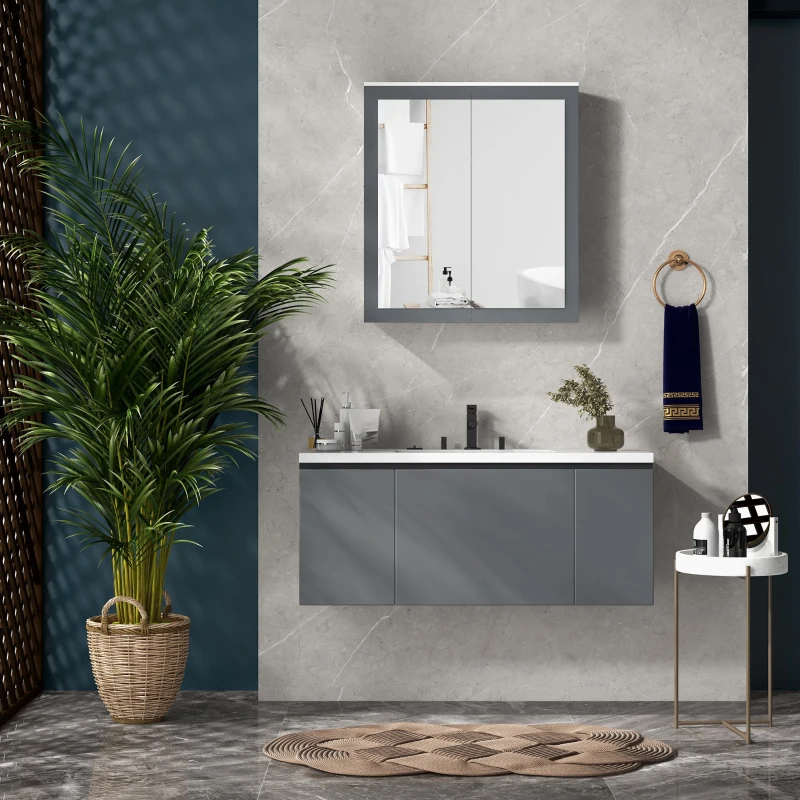 Kleankin Conjunto de Coluna de Casa de Banho Armário com Espelho e Móvel para Lavatório com Portas de Vidro Branco e Cinza