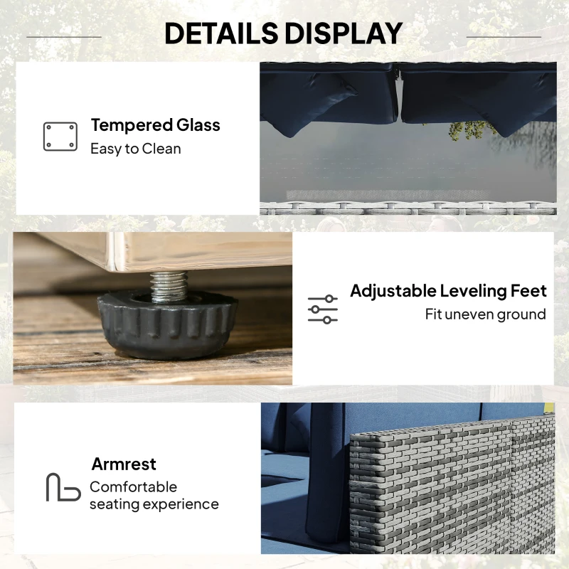 Outsunny 8 Pieces PE Rattan Corner Sofa Set, Outdoor Garden Furniture Set, Patio Wicker Sofa Seater w/ Cushion, Dark Blue