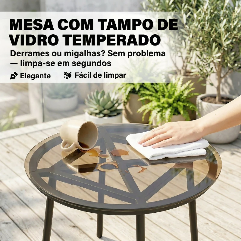 Outsunny Conjunto de Jardim 3 Peças em Vime PE com 2 Cadeiras com Almofadas e Mesa com Vidro Temperado Caqui