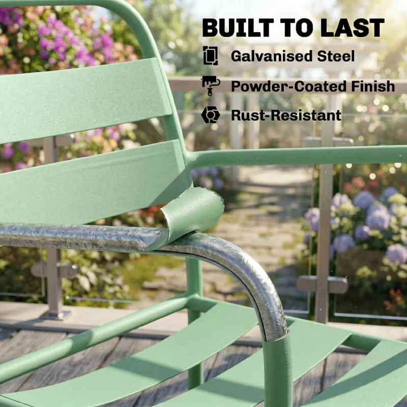 Outsunny Ensemble bistrot de jardin 3 pièces - table basse en verre trempé et 2 chaises à lattes, cadre en acier galvanisé, vert