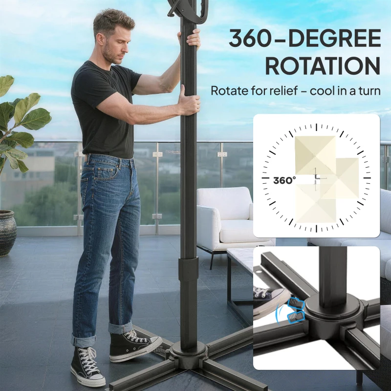 Outsunny 3 x 3 m Garden Cantilever Parasol w/ Light, Cover, UPF50+ Patio Umbrella w/ Wind Protection, 360° Rotation, Cream White