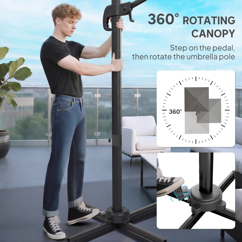 Outsunny 3 x 3 m Cantilever Parasol, Square Patio Umbrella with Crank Handle, Cross Base, Tilt, 360° Rotation, Dark Grey