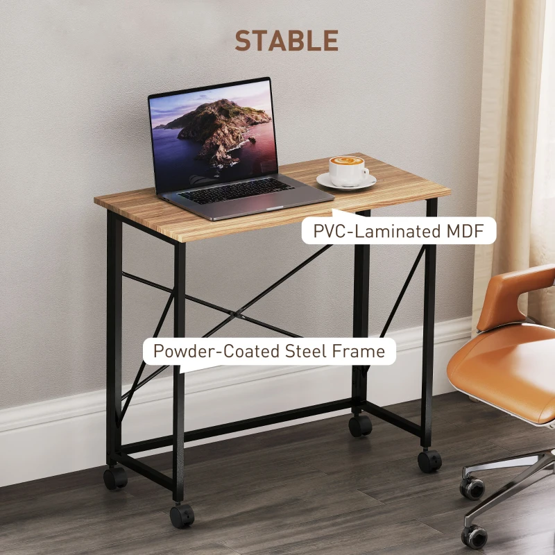 HOMCOM Small Folding Desk, 80 cm Foldable Computer Desk on Wheels for Small Space, Easy Assembly, Space Saving Writing Table for Home Office, Bedroom, Natural Tone