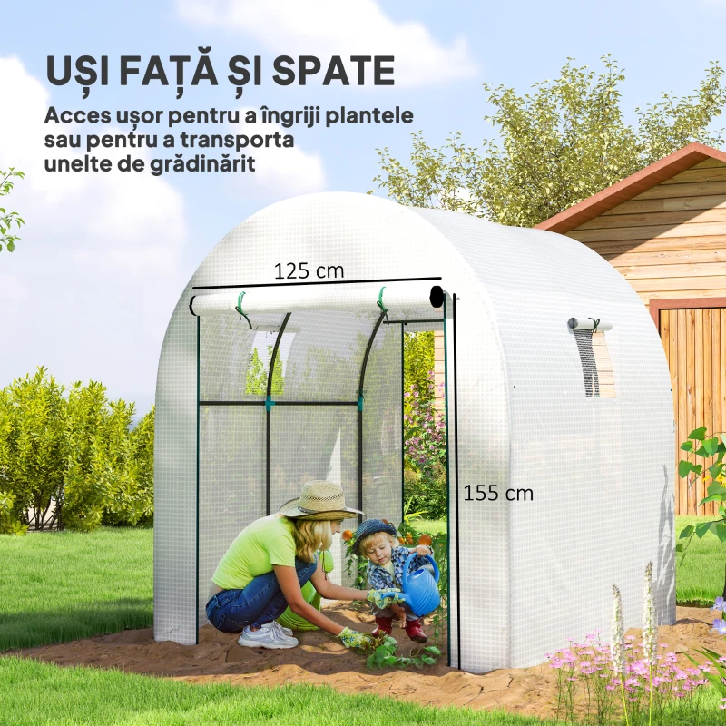 Outsunny Seră Tip Tunel pentru Grădină 1.8x1.8x2 m din Oțel și PE Anti-UV cu Uși Rulabile și Ferestre, Albă
