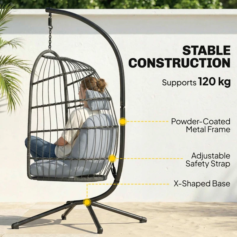 Outsunny Hanging Egg Chair, Indoor Outdoor Hammock Swing Chair with Stand, Safety Strap, Foldable Basket, Dark/Light Grey