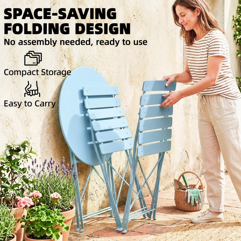 Outsunny Folding Garden Bistro Set, Outdoor Round Bistro Table and Chairs Set 2 with Electrophoresis Metal Frame, Light Blue