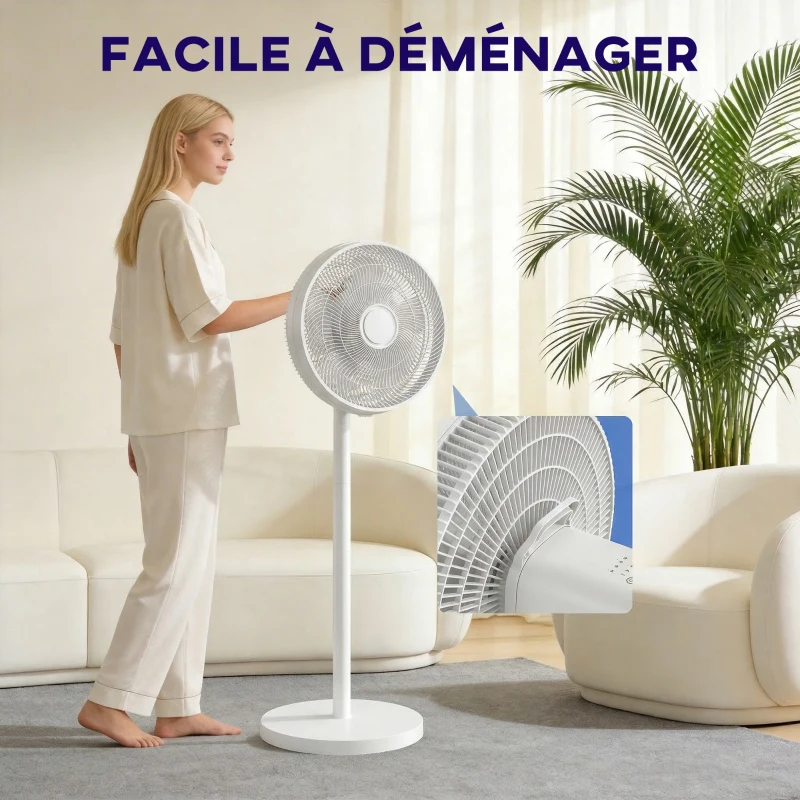 HOMCOM Ventilateur sur pied, ventilateur silencieux avec oscillation à 80°, hauteur réglables, 4 vitesses, minuterie 10H, blanc