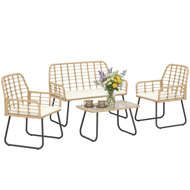 Outsunny 4 Piece Rattan Garden Furniture Set, Outdoor Patio Furniture with Loveseat, Armchairs and Coffee Table