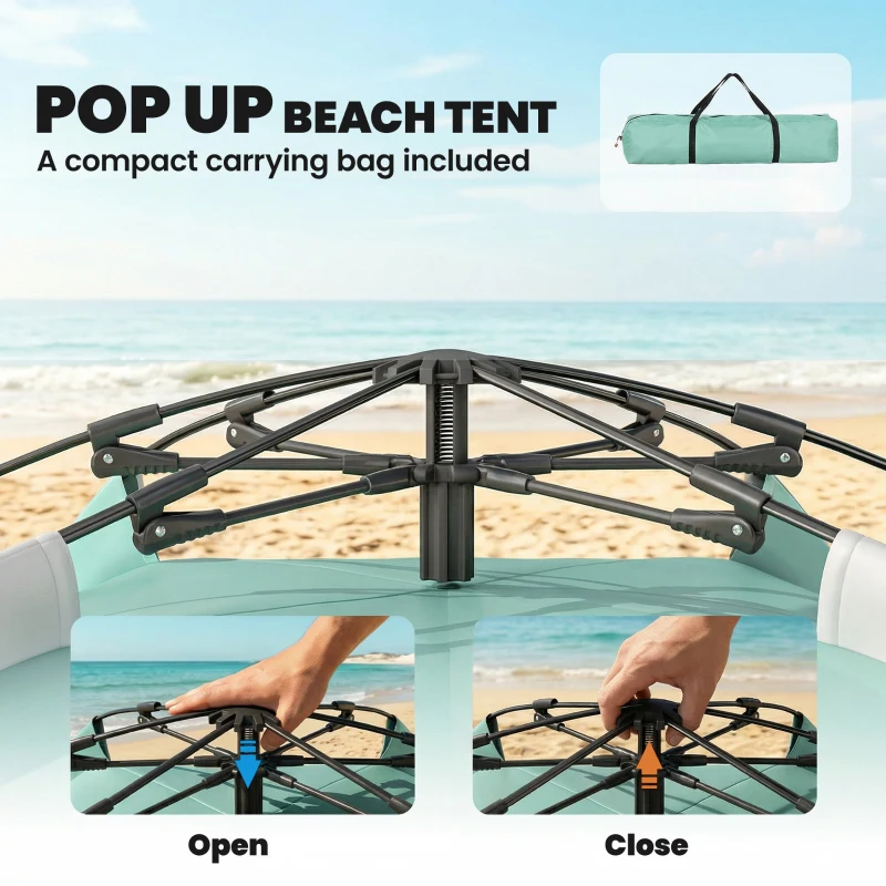 Outsunny 2-3 Person Pop Up Beach Tent, UPF15+ Sun Shelter with Extended Floor, Sandbags, Mesh Windows and Carry Bag, Green