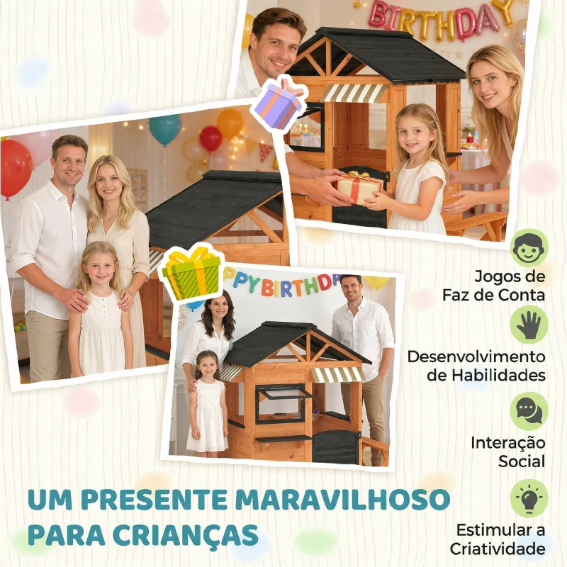 AIYAPLAY Casa Infantil em Madeira Casinha de Brincar com Cozinha de Brinquedo e Banco de Piquenique Casa de Jardim para Crianças de 3-8 Anos Castanho