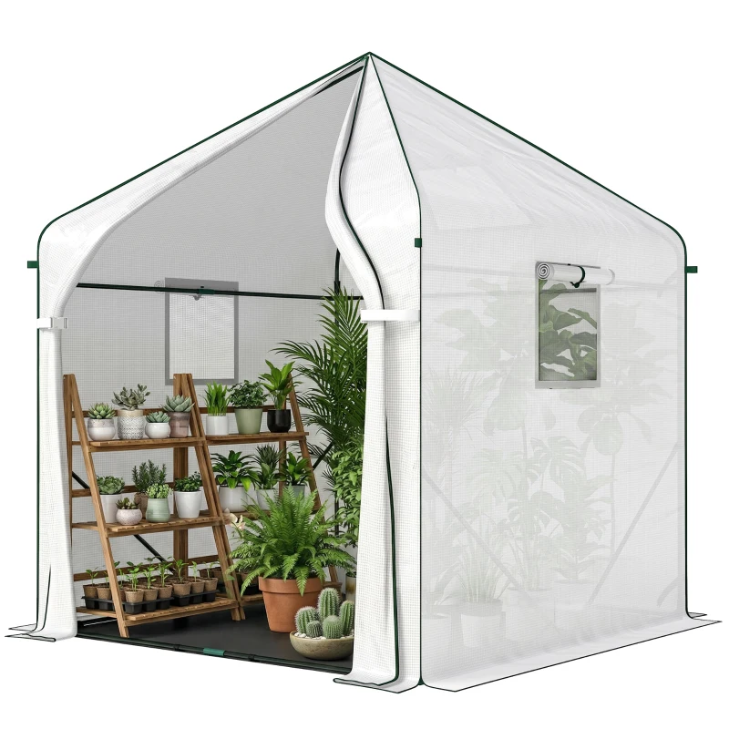 Outsunny Walk-in Greenhouse for Outdoors with Steel Frame, Large Plant House with Roll-up Door and PE Ground Cover, White
