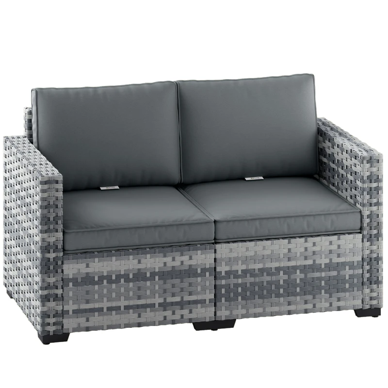 Outsunny 2 Seater Rattan Sofa, Outdoor Garden Sofa with Deep Seat, Cushions, Wide Armrests for Patio, Balcony, Porch, Mixed Grey