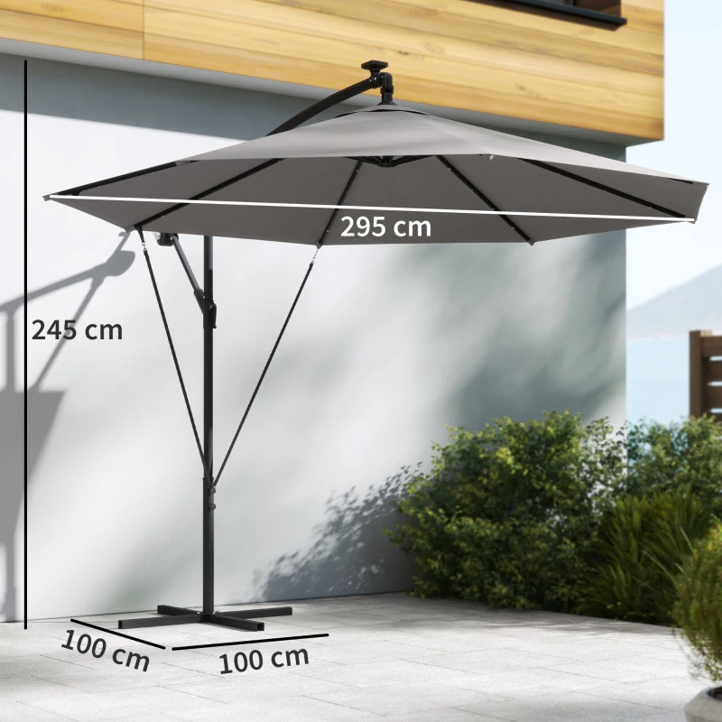 Outsunny 3 m Cantilever Parasol with Solar LED Lights Garden Umbrella with Cross Base, Light Grey