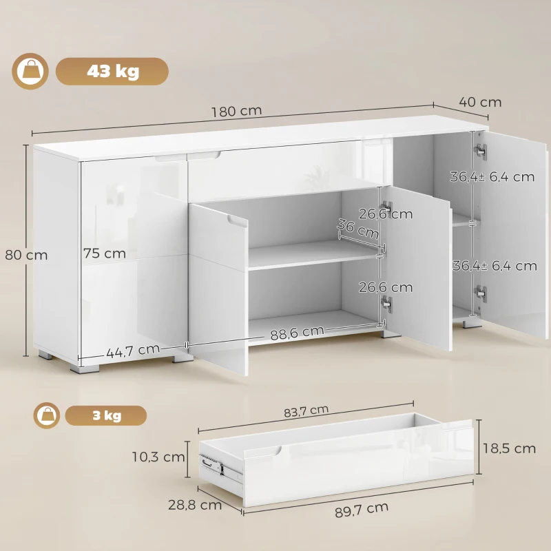 HOMCOM Aparador alto brillo, aparador buffet moderno con 4 puertas y baldas ajustables, mueble con cierre suave, blanco