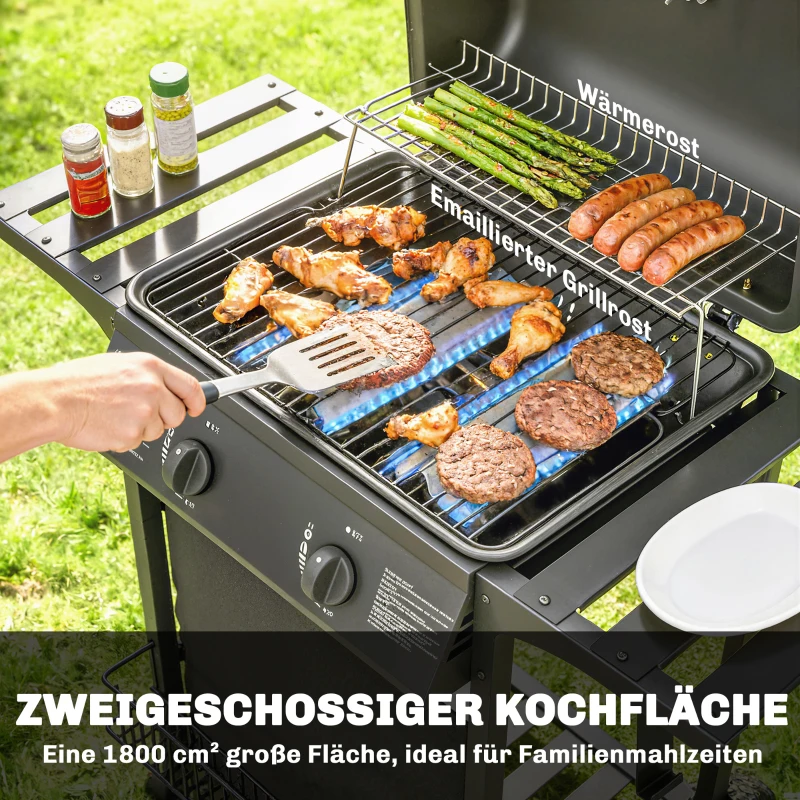 Outsunny Gasbarbecue 5 kW 2 branders BBQ grillwagen roestvrij staal incl. zijtafel ondermand frontafdekking thermometer geëmailleerd grillrooster