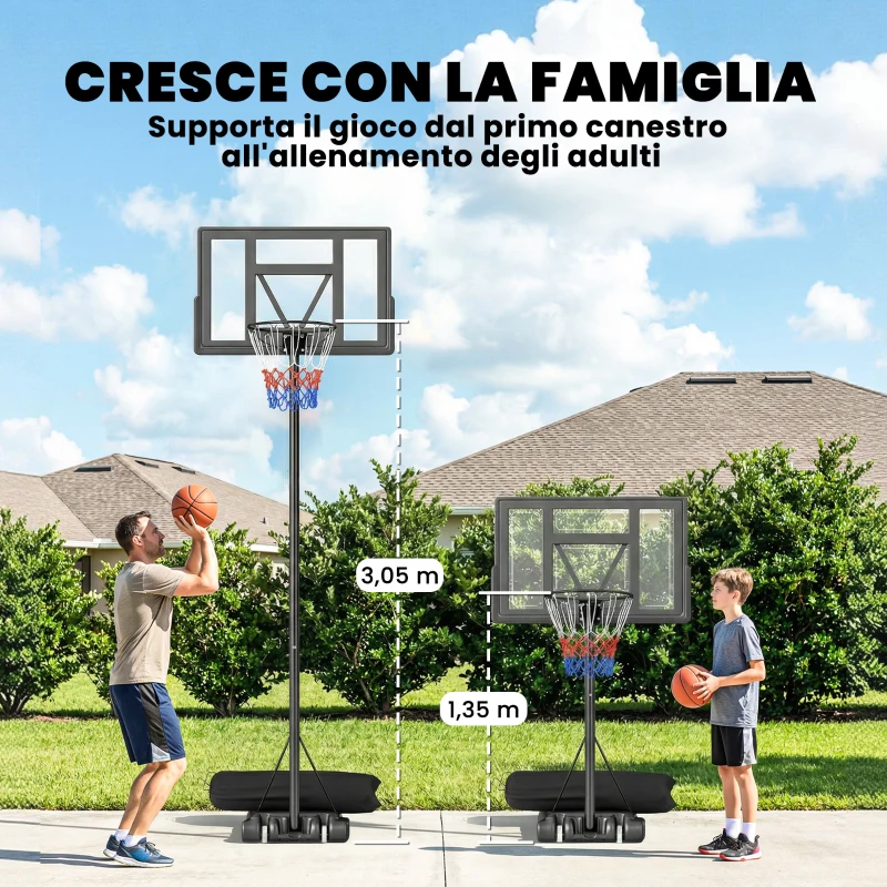 SPORTNOW Canestro Basket con Altezza Regolabile 1,3-3 m, Base Riempibile e Ruote, Nero