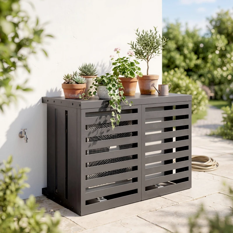 Outsunny Copertura per Condizionatore Esterno, in Acciaio Zincato, Recinzione con Doghe per Giardino, Grigio Scuro