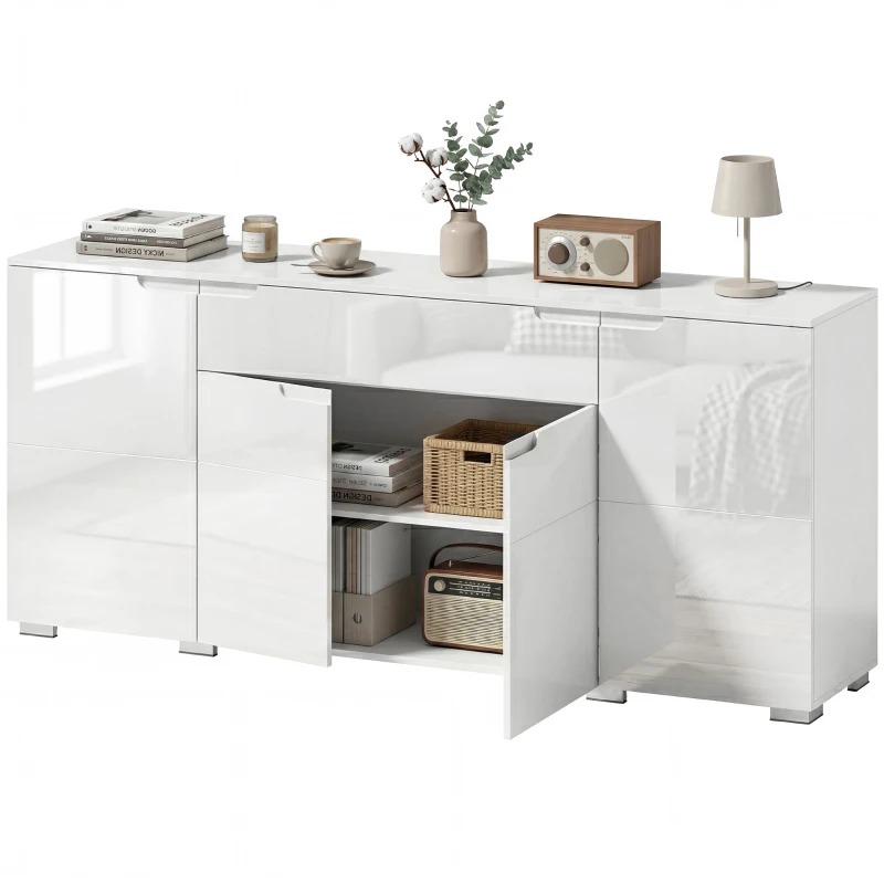 HOMCOM Aparador alto brillo, aparador buffet moderno con 4 puertas y baldas ajustables, mueble con cierre suave, blanco