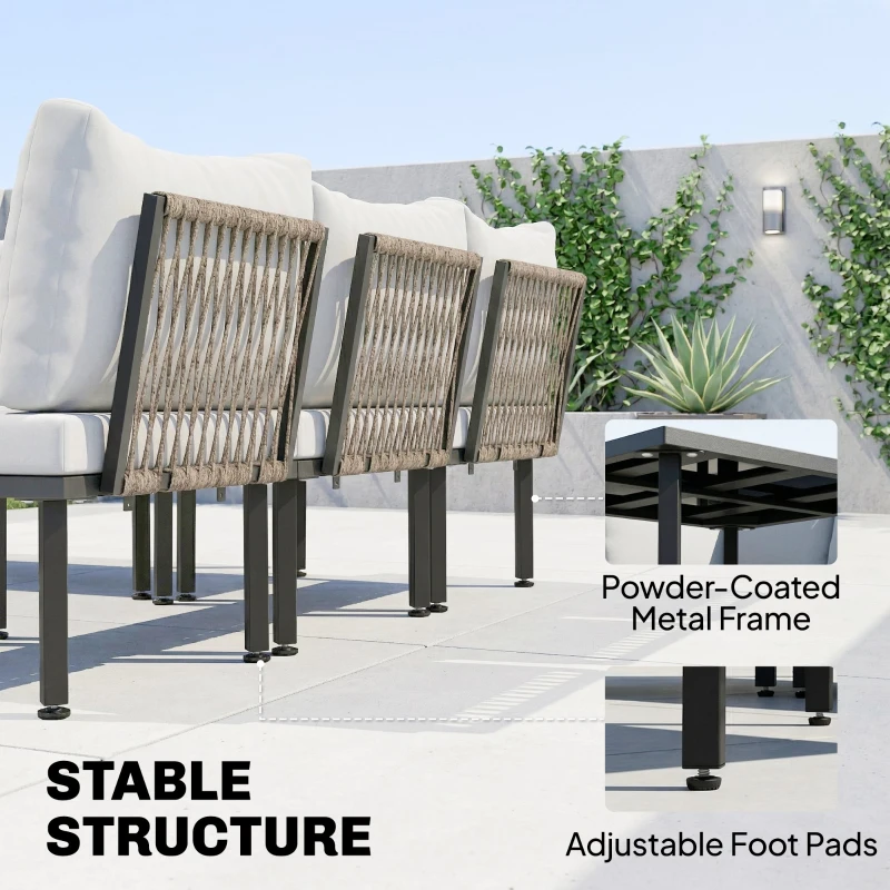 Outsunny Lounge Tuinmeubelset 5-6 Personen Tuinlounge Set met 2-zits Tuinbank, 2 Stoelen, Hoekstoel, Lamellen-tafel, Voetenbank