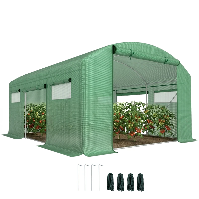 Outsunny Estufa tipo Túnel 397x300x200 cm Estufa de Exterior com 4 Janelas de Malha Cobertura de PE Anti UV e 3 Portas Enroláveis Verde