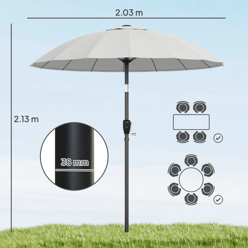Outsunny 2 m Shanghai Garden Parasol Umbrella with 16 Fibreglass Ribs, Outdoor Parasol Sun Shade with Crank & Tilt, Light Grey