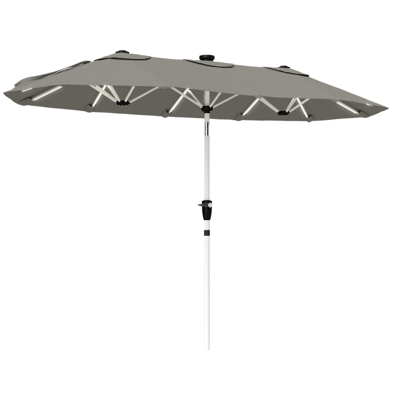 Outsunny 3 m Double-Sided Garden Parasol with LED Solar Lights, Outdoor Extra Large Sun Umbrella with Crank Handle, Grey