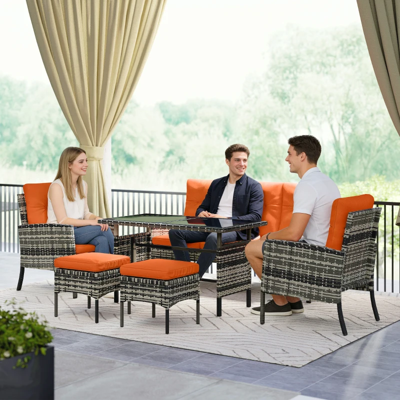 Outsunny 6 Pieces Rattan Garden Furniture Set with Dining Table and Cushions, Orange