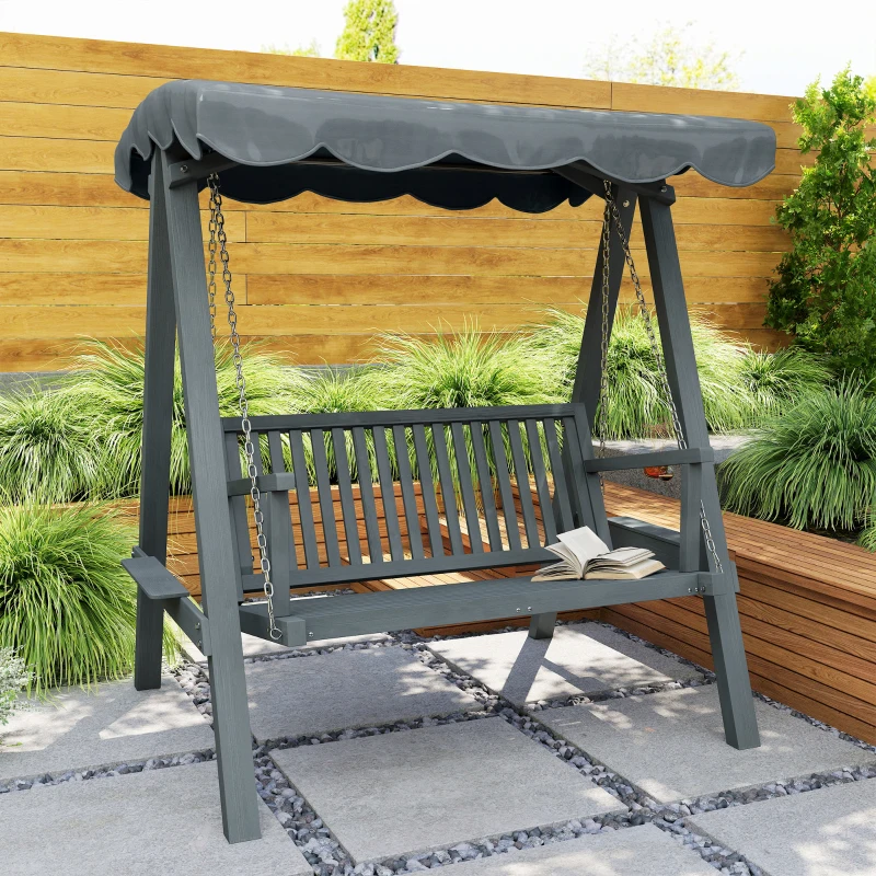 Outsunny 2 Seater Garden Swing Seat with Canopy, Wooden Swing Chair, Outdoor Hammock Bench for Balcony Patio Porch, Grey