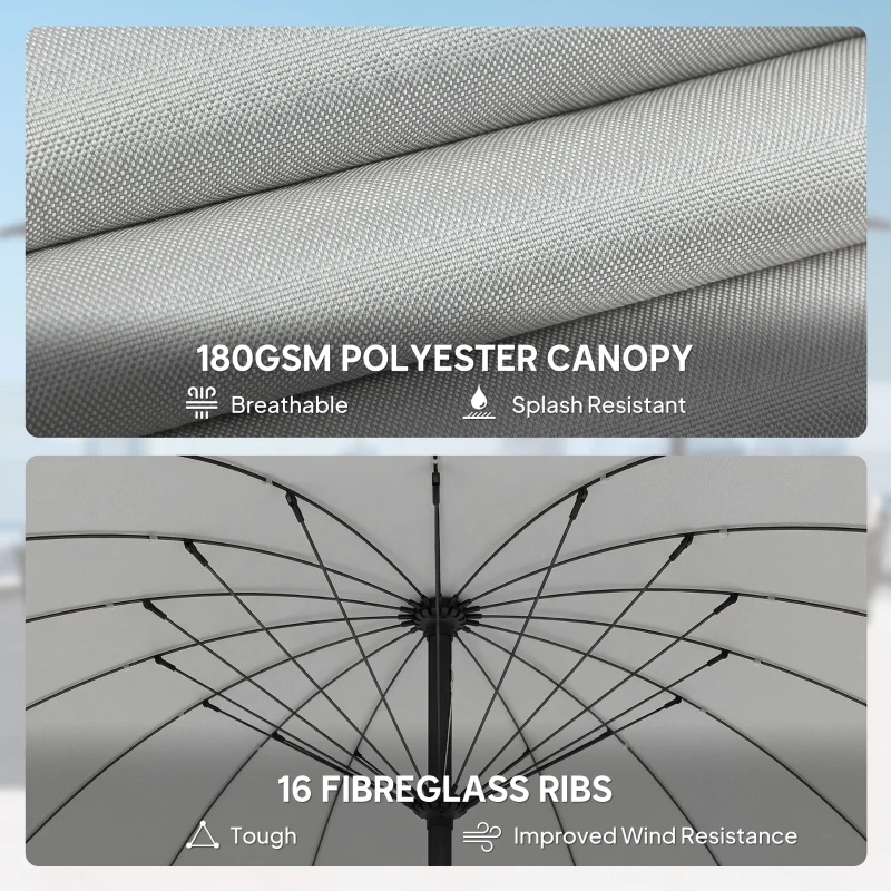 Outsunny 2 m Shanghai Garden Parasol Umbrella with 16 Fibreglass Ribs, Outdoor Parasol Sun Shade with Crank & Tilt, Light Grey