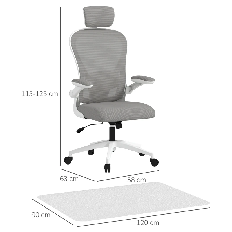 HOMCOM Conjunto de Cadeira de Escritório com Altura Ajustável Apoio de Cabeça e Suporte Lombar Ajustáveis Cinzento e 1 Tapete Protetor 90x120 cm Transparente