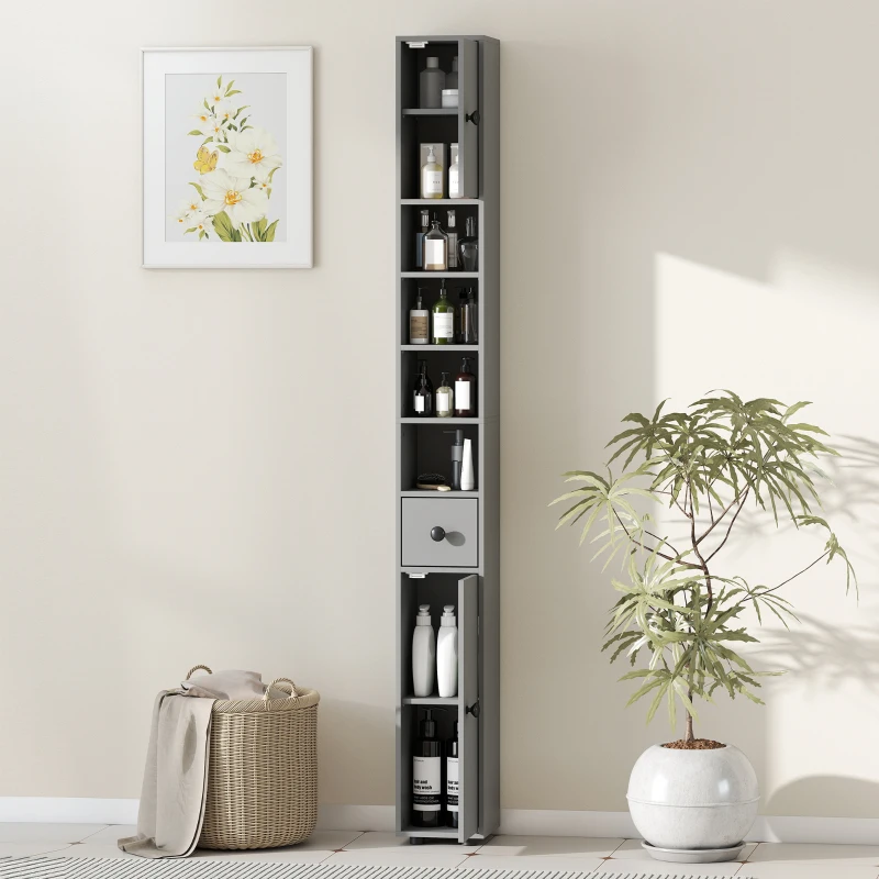 kleankin Badezimmerschrank, 4 Regale, Schublade, Spanplatte, schlankes Design, Grau