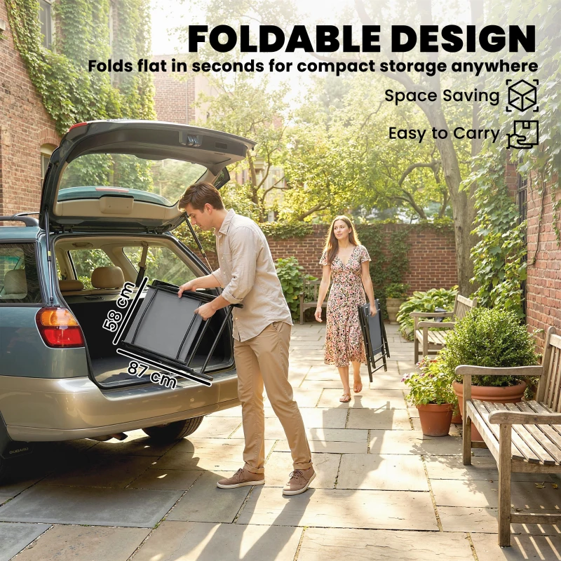 Outsunny Folding Garden Chairs Set of 2, Foldable Garden Dining Chairs with High Back, Armrests, Texteline Seat, Light Grey