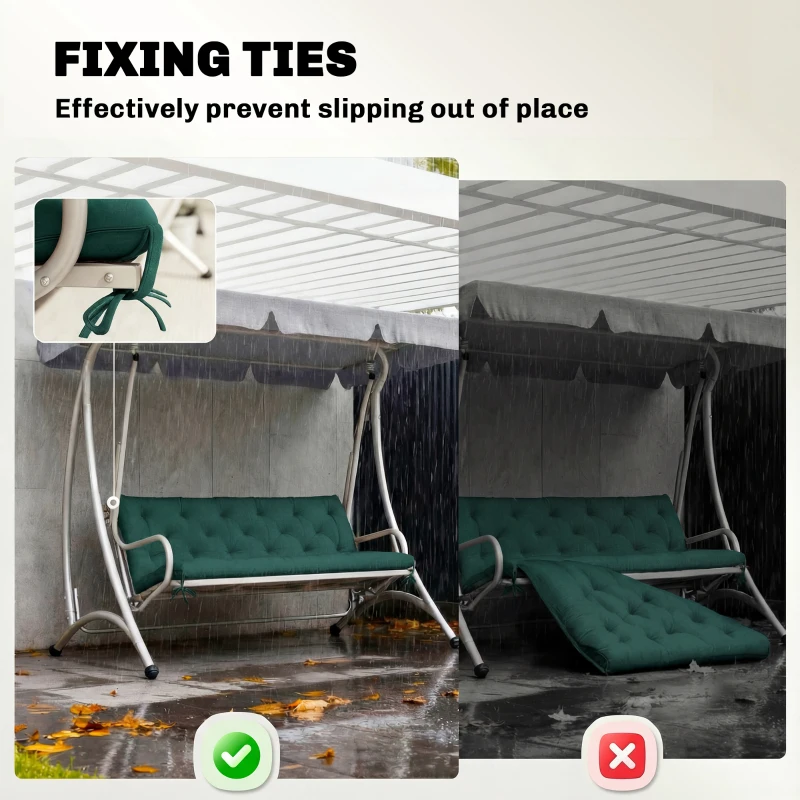 Outsunny 3 Seater Bench Cushion, Garden Chair Cushion with Back and Ties for Indoor and Outdoor Use, 98 x 150 cm, Green