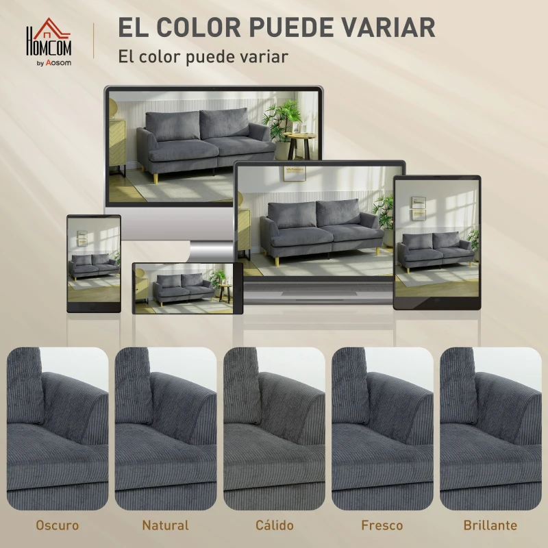 HOMCOM Sofá de 3 Plazas Tapizado en Pana Acolchado Grueso de Muelles Asiento Ancho 2 Almohadas 188x80x86 cm Gris Oscuro