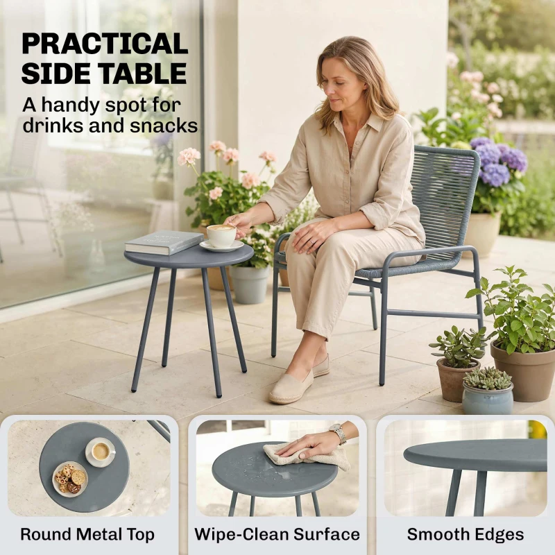 Outsunny 3 Piece Rattan Bistro Set, Outdoor Garden Furniture Set with 2 Chairs, Round Coffee Table for Patio, Balcony, Dark Grey