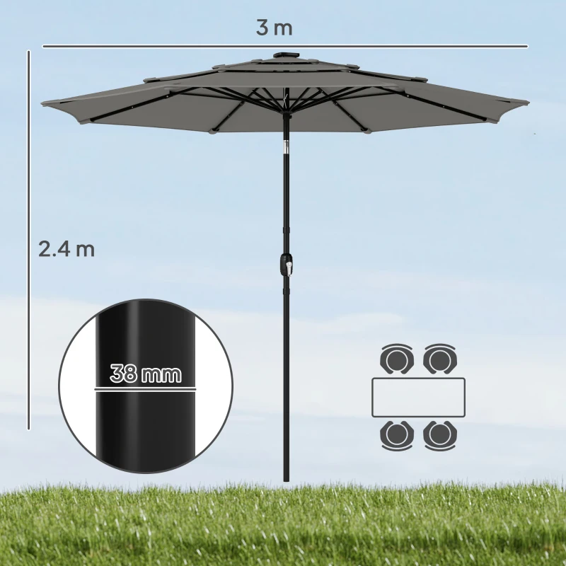 Outsunny Garden Parasol, Parasol Umbrella with 3-tier Roof, Crank Handle, Tilt Function, Polyester Canopy, Grey