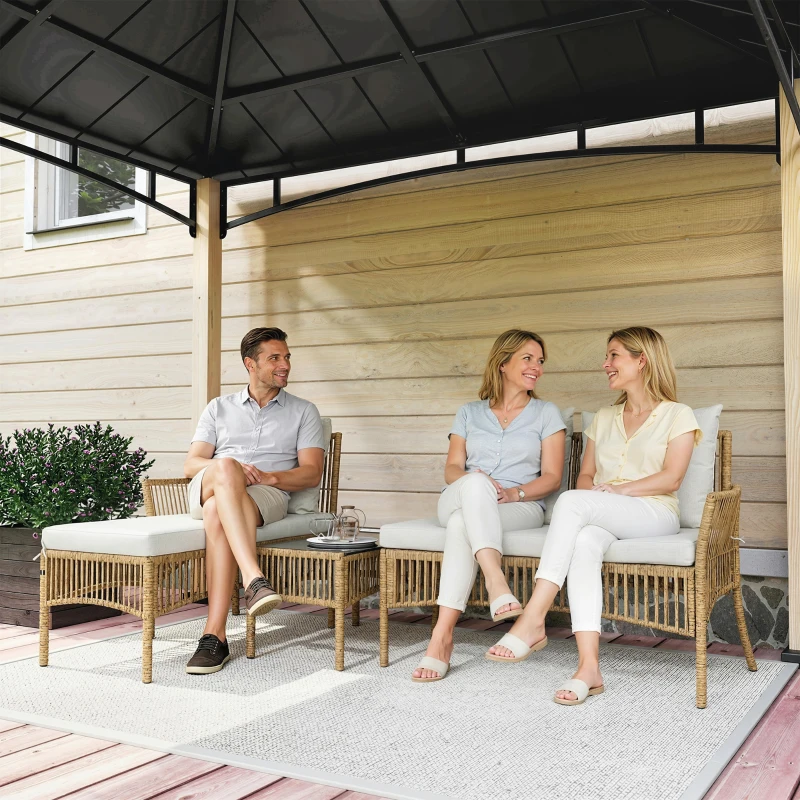 Outsunny 3 Piece Rattan Garden Furniture Corner Sofa Set with Chaise Lounge, Loveseat, Glass Coffee Table, Cushions, Natural Wood