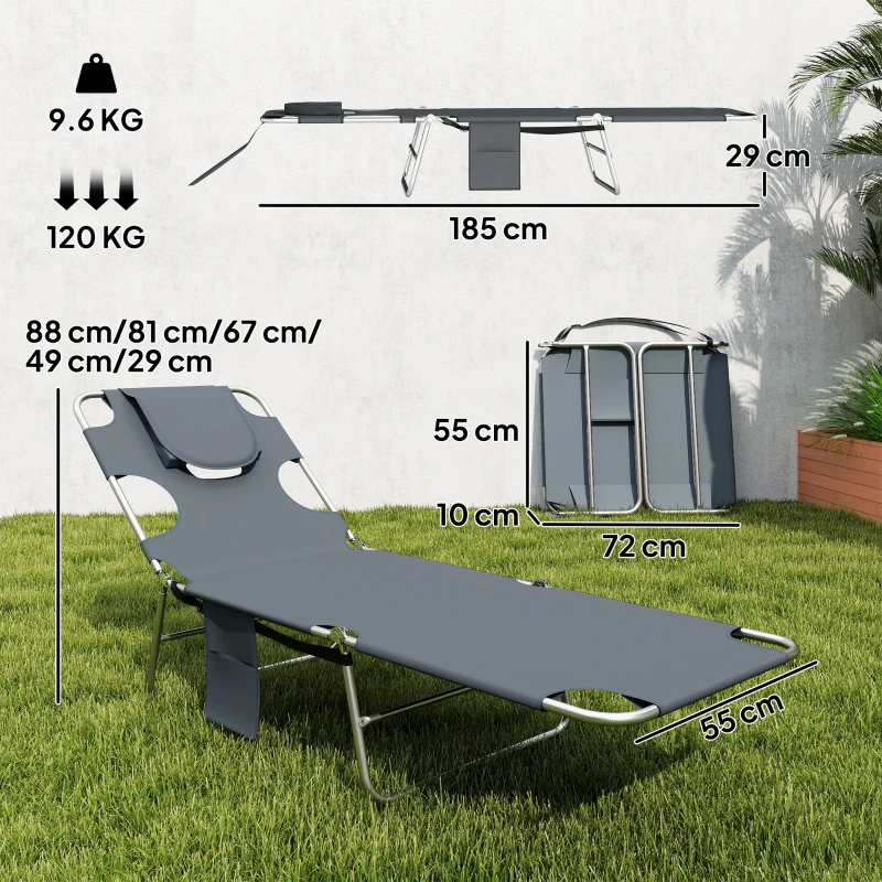 Outsunny 5-Position Adjustable Sun Loungers Set of 2 with Reading Hole and Side Pocket, Dark Grey