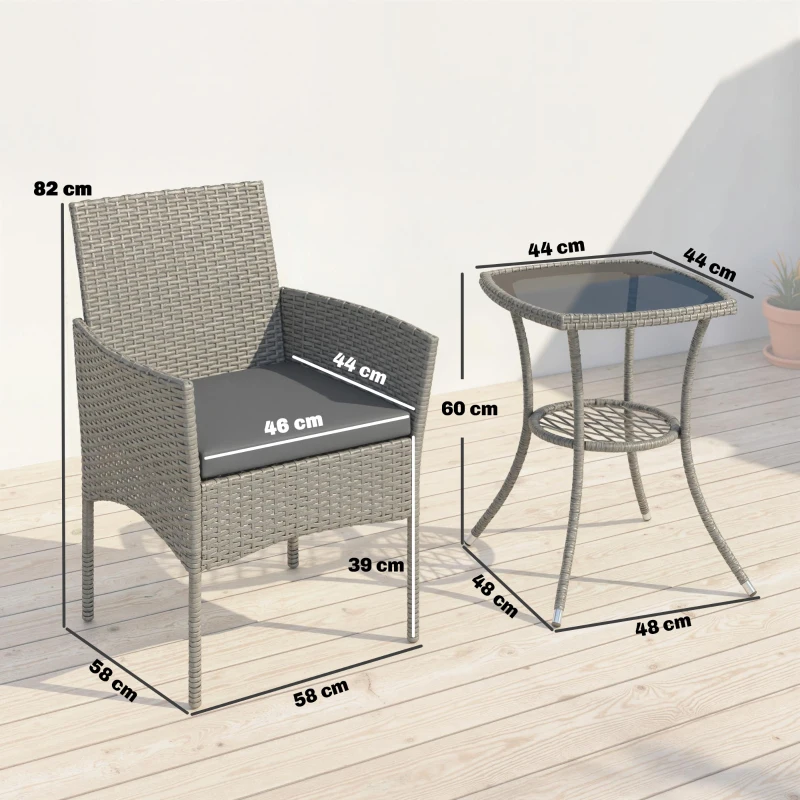 Outsunny 3 Piece Rattan Bistro Set, PE Wicker Garden Furniture Conversation Set with 2 Tier Glass-Top Table, Chairs, Dark Grey