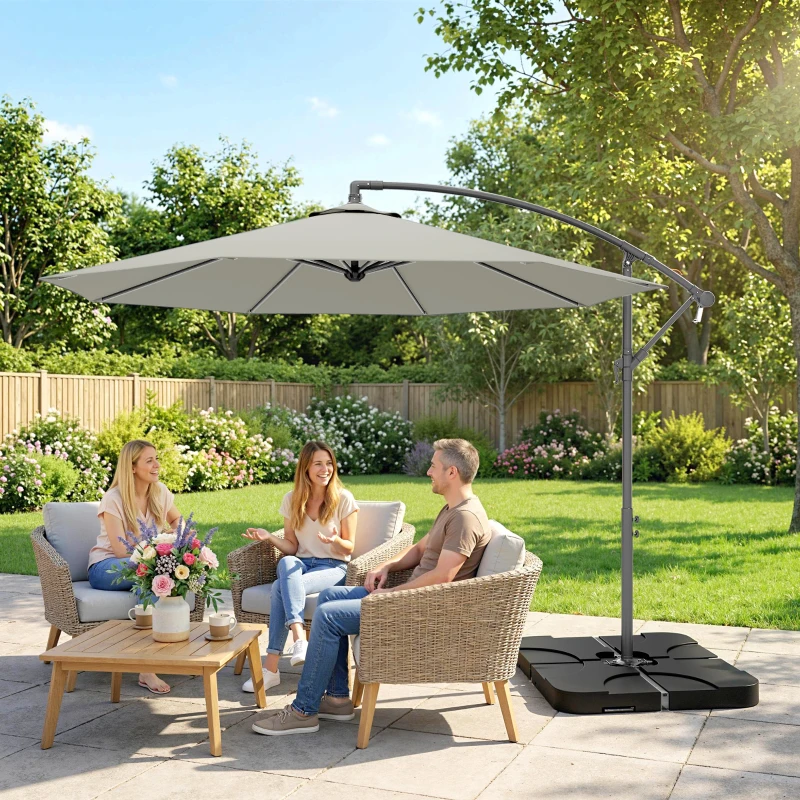 Outsunny 3m Overhanging Parasol, with Base, Weights and Cover - Light Grey