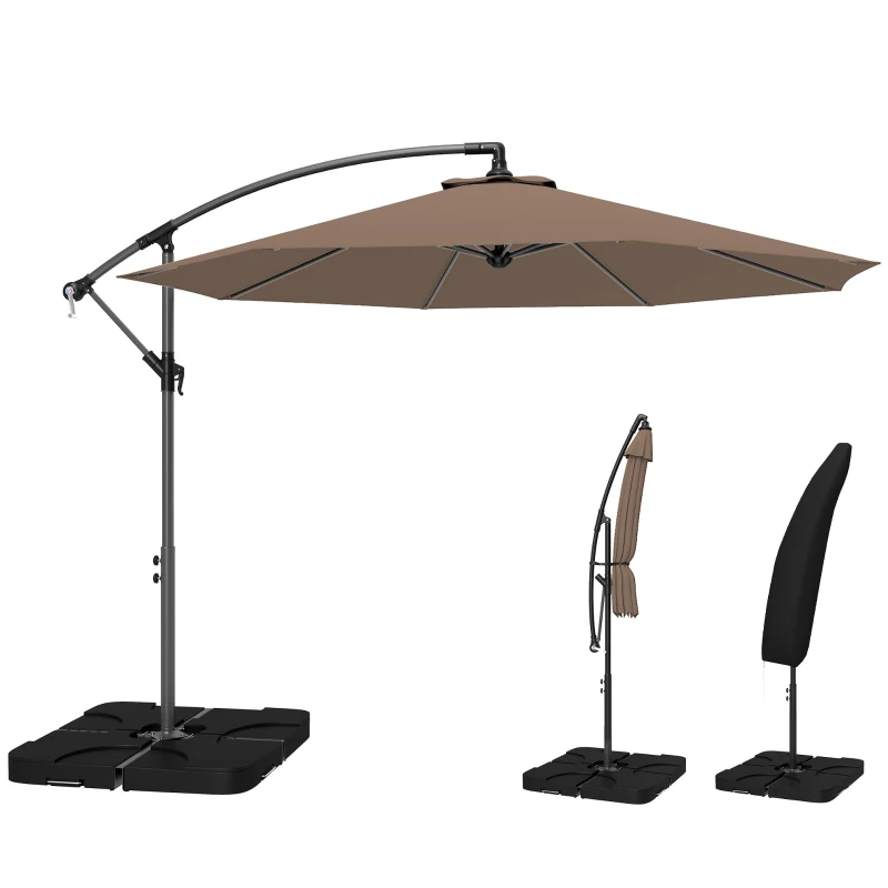 Outsunny 3m Overhanging Parasol, with Base, Weights and Cover - Coffee