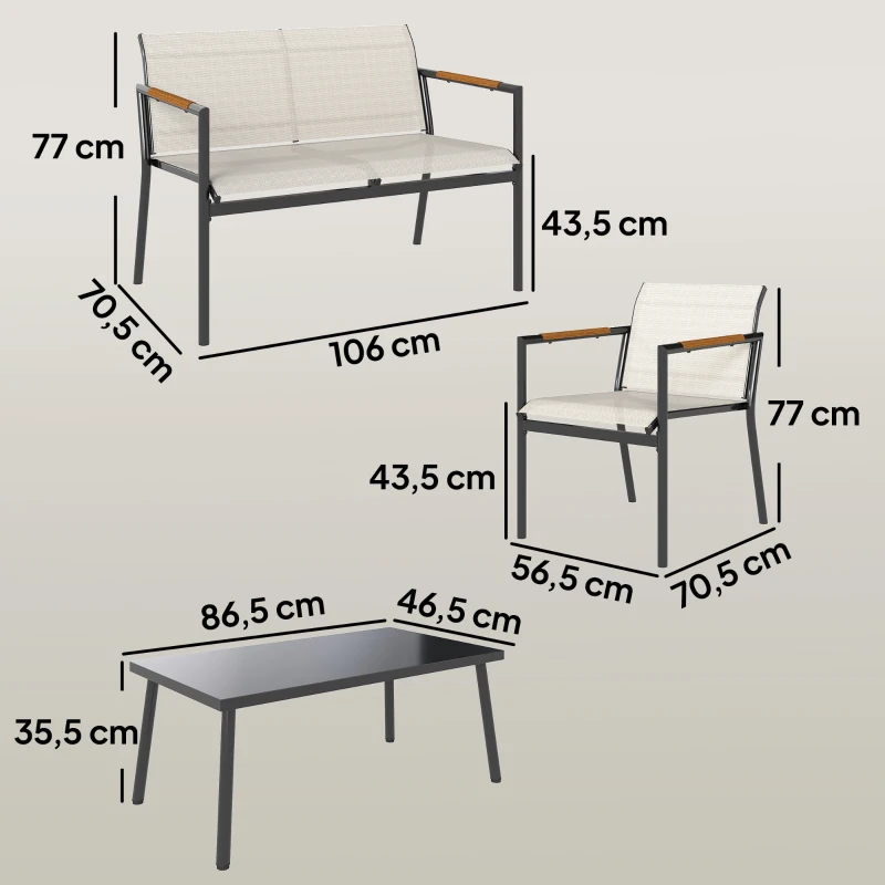 Outsunny Salon de Jardin 4 Pièces en Textilène, Canapé, 2 Fauteuils, Table Basse avec Plateau en Métal, 106x70,5x77cm, Crème