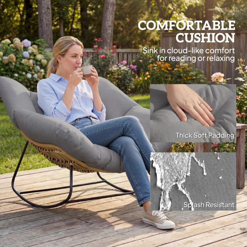 Outsunny Indoor Outdoor Rocking Chair, Oversized Rocking Egg Chair with Cushion for Living Room, Garden, Patio, Grey
