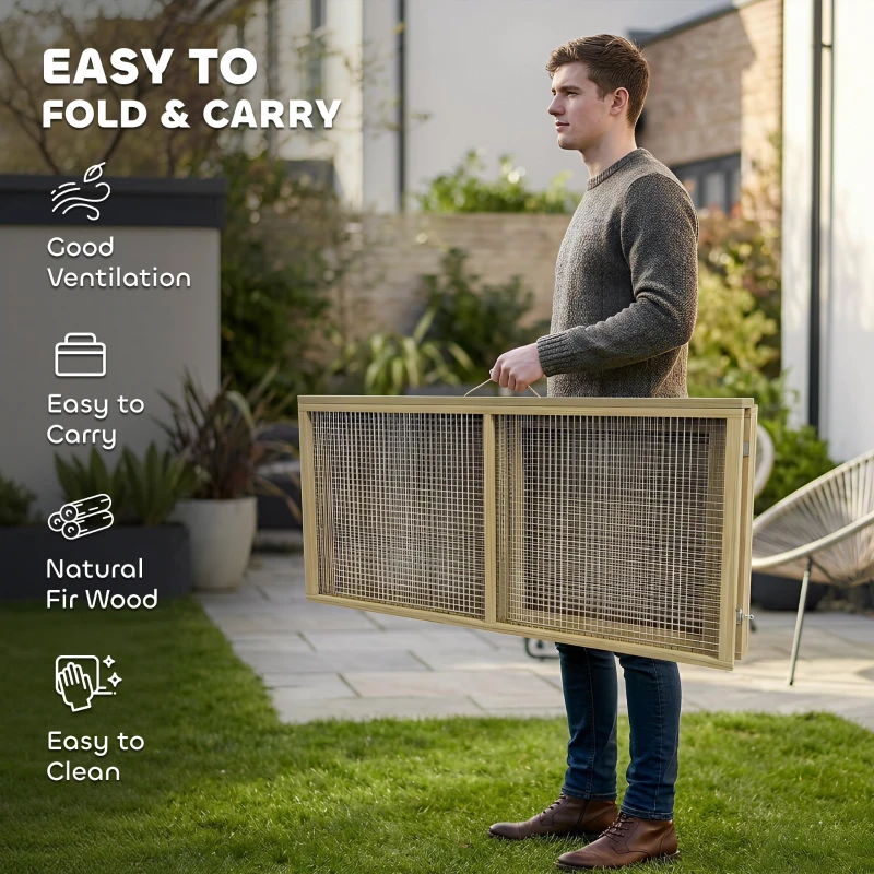 PawHut Wooden Folding Rabbit Hutch, for 2-3 Rabbits - Natural Wood