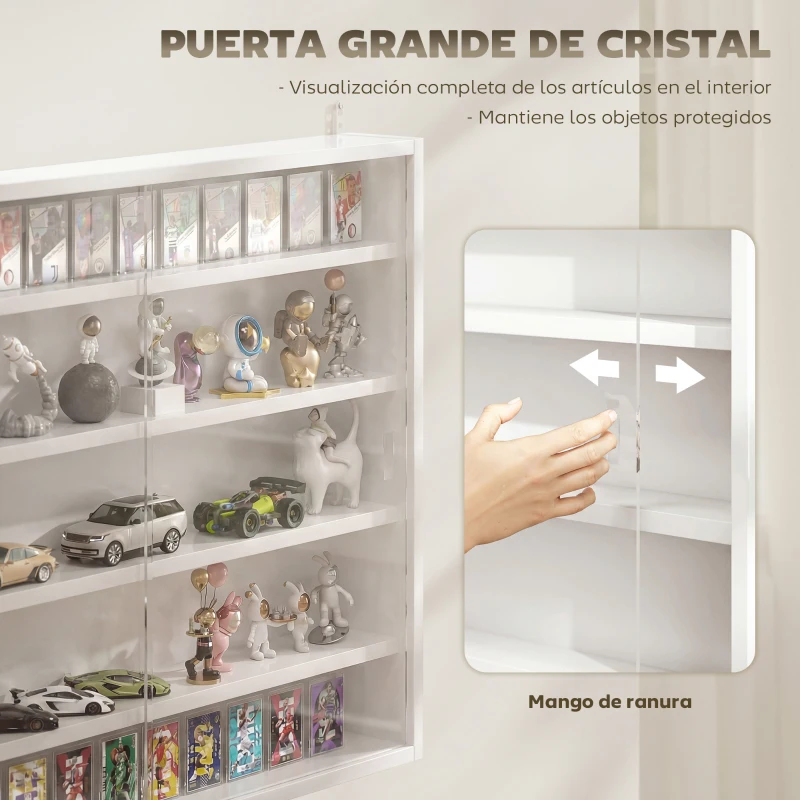 HOMCOM Vitrina de Pared de Madera con Estantes Ajustables y 2 Puertas Correderas de Cristal 80x9,5x60 cm Blanco